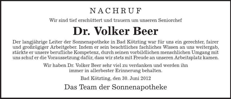 Traueranzeige Volker Dr. Beer