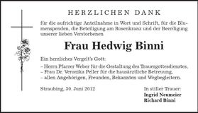 Traueranzeige Hedwig Binni