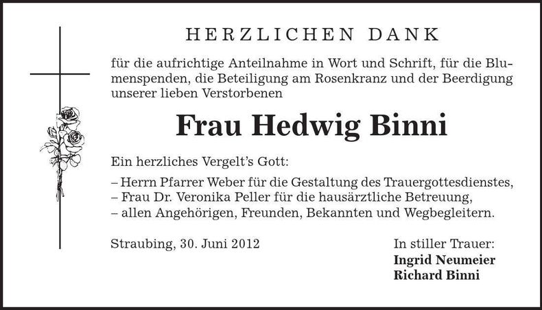 Traueranzeige Hedwig Binni
