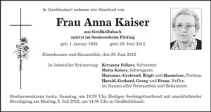 Traueranzeige Anna Kaiser