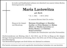 Traueranzeige Maria Lastowitza