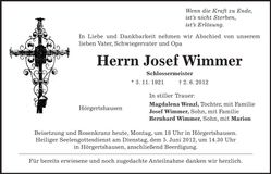 Traueranzeige Josef Wimmer