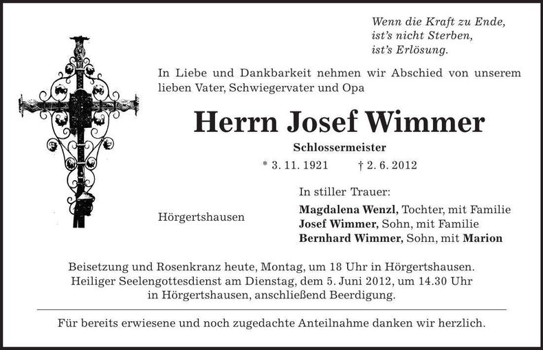 Traueranzeige Josef Wimmer