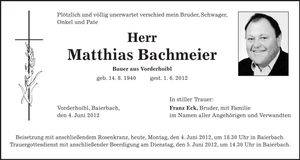 Traueranzeige Matthias Bachmeier