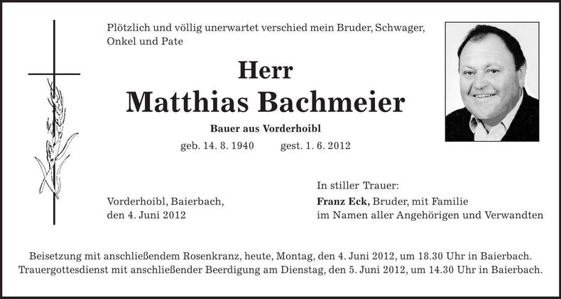 Traueranzeige Matthias Bachmeier