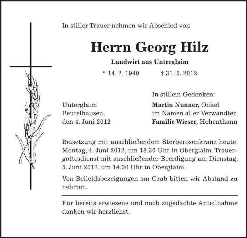 Traueranzeige Georg Hilz