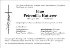 Traueranzeige Petronilla Hutterer