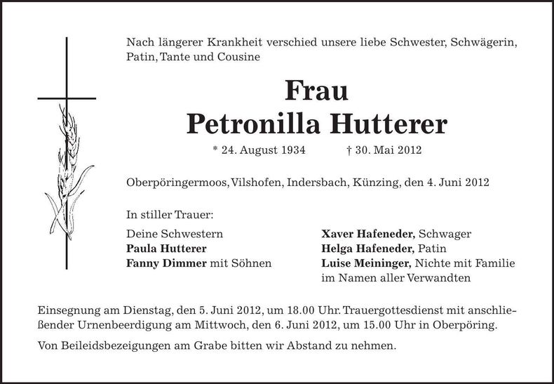 Traueranzeige Petronilla Hutterer