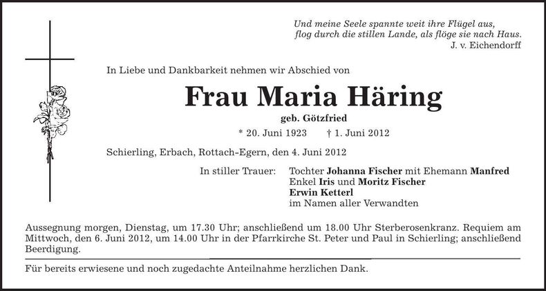 Traueranzeige Maria Häring