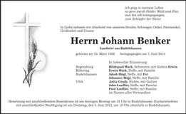 Traueranzeige Johann Benker