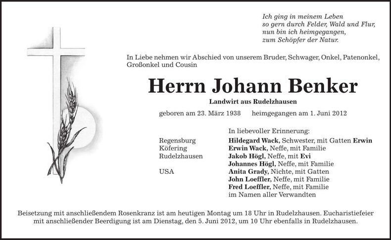 Traueranzeige Johann Benker