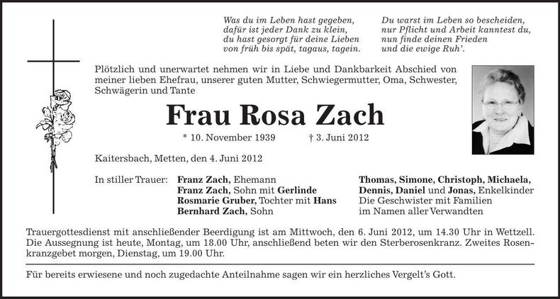 Traueranzeige Rosa Zach