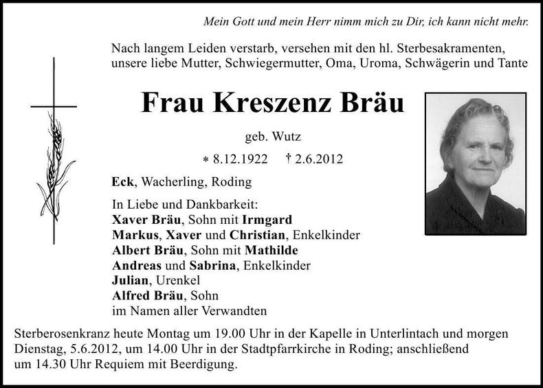 Traueranzeige Kreszenz Bräu