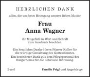 Traueranzeige Anna Wagner