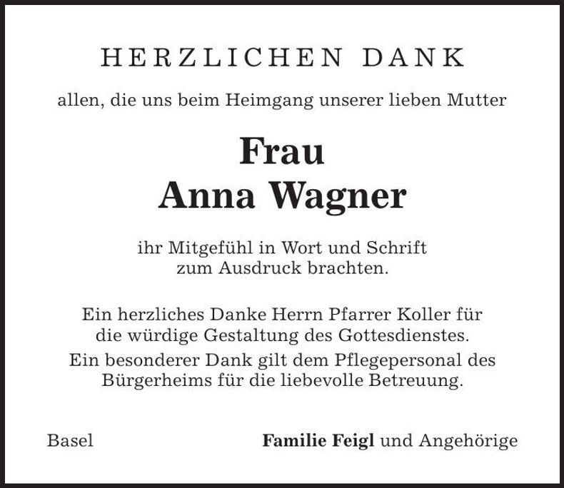 Traueranzeige Anna Wagner