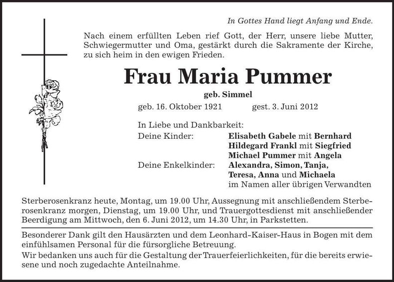 Traueranzeige Maria Pummer