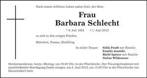 Traueranzeige Barbara Schlecht