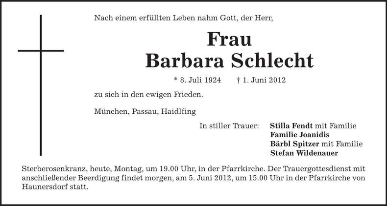 Traueranzeige Barbara Schlecht