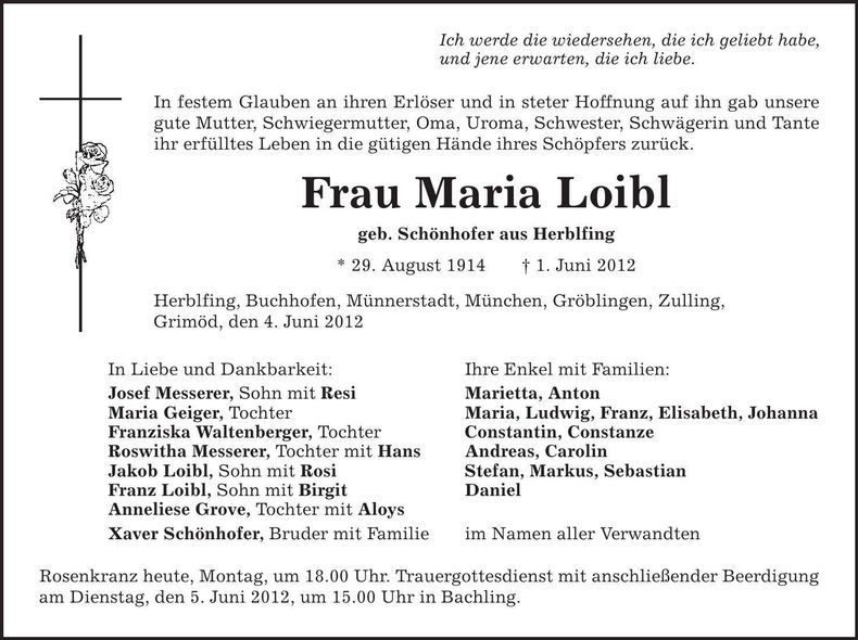 Traueranzeige Maria Loibl