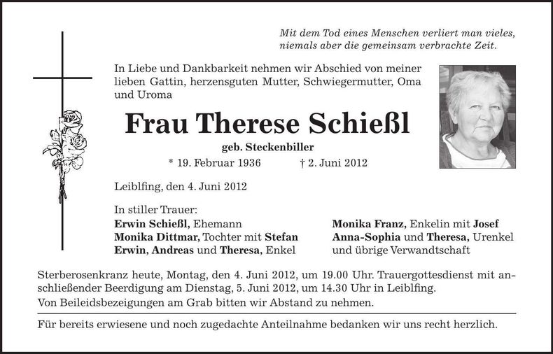 Traueranzeige Therese Schießl