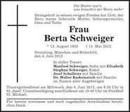 Traueranzeige Berta Schweiger