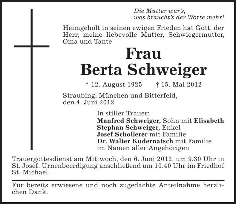 Traueranzeige Berta Schweiger