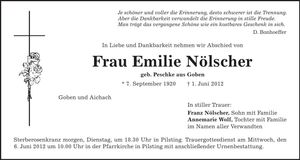 Traueranzeige Emilie Nölscher