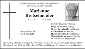 Traueranzeige Marianne Bretschneider