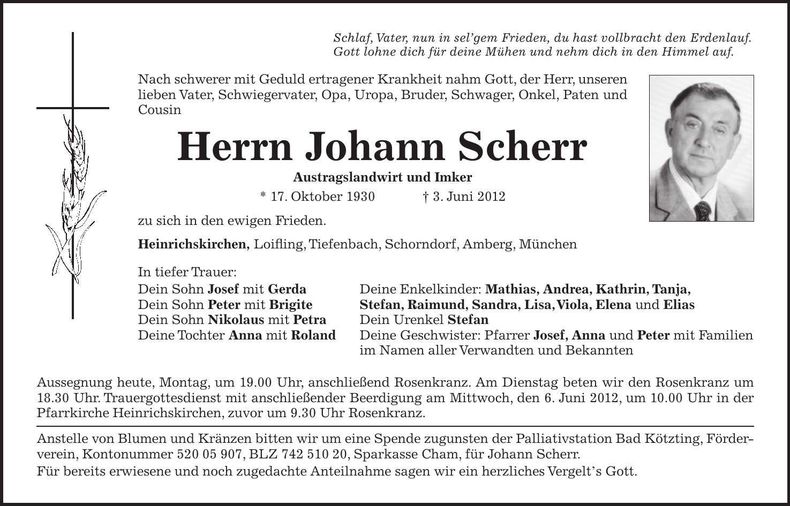 Traueranzeige Johann Scherr