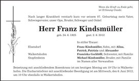 Traueranzeige Franz Kindsmüller