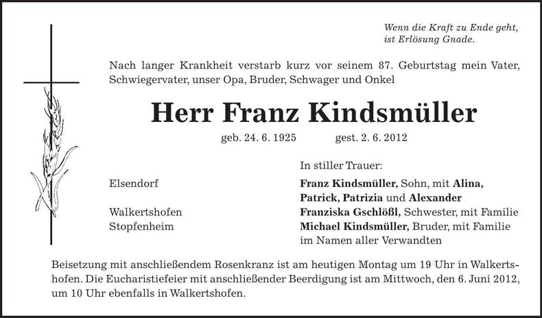 Traueranzeige Franz Kindsmüller