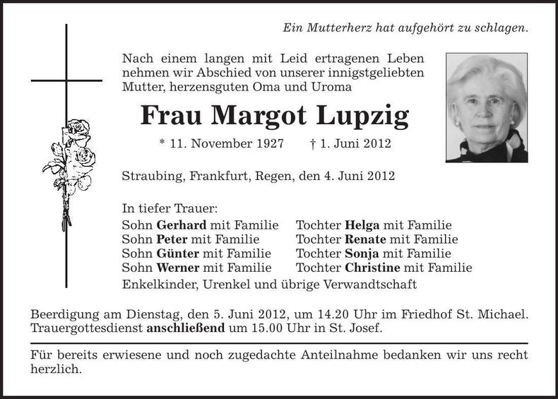 Traueranzeige Margot Lupzig