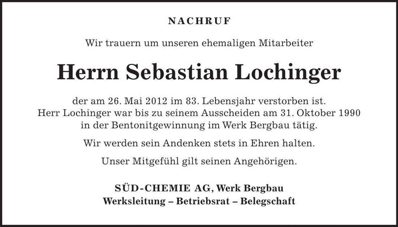 Traueranzeige Sebastian Lochinger