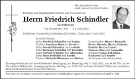 Traueranzeige Friedrich Schindler