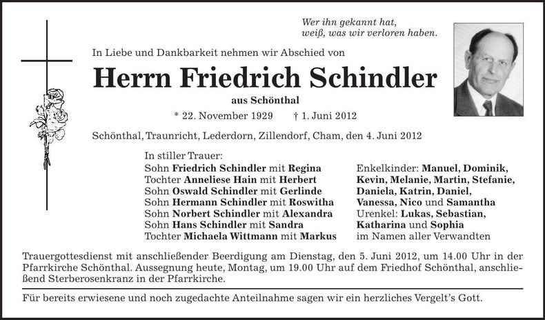 Traueranzeige Friedrich Schindler