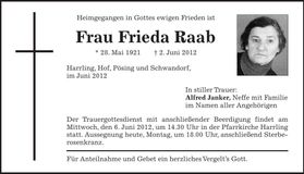 Traueranzeige Frieda Raab