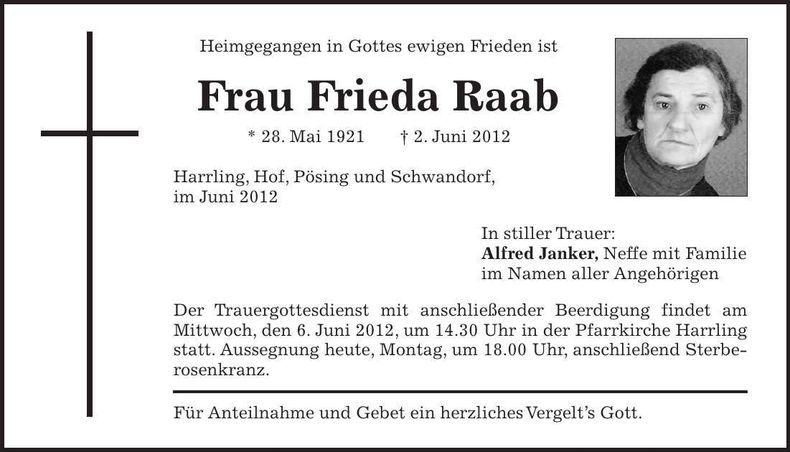 Traueranzeige Frieda Raab