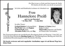 Traueranzeige Hannelore Preiß