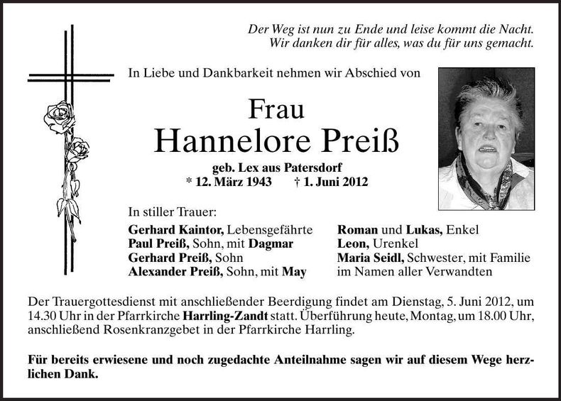 Traueranzeige Hannelore Preiß