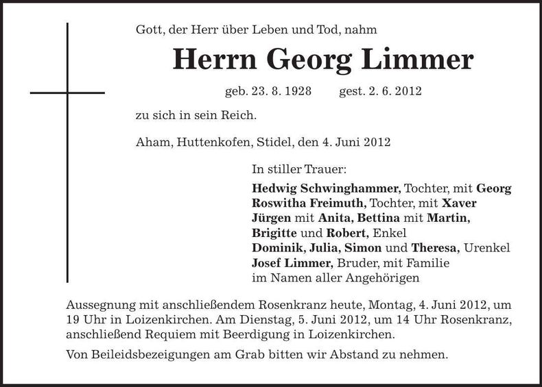 Traueranzeige Georg Limmer