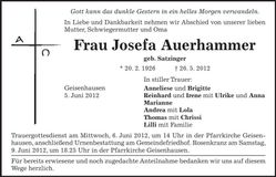 Traueranzeige Josefa Auerhammer