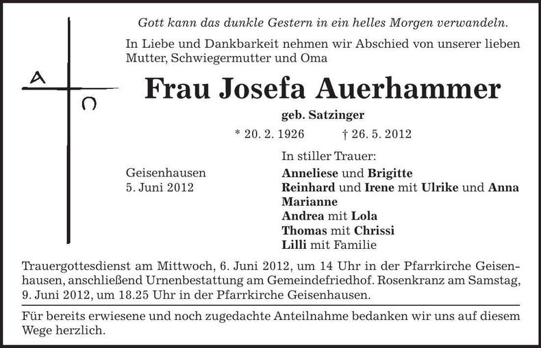 Traueranzeige Josefa Auerhammer