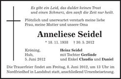 Traueranzeige Anneliese Seidel