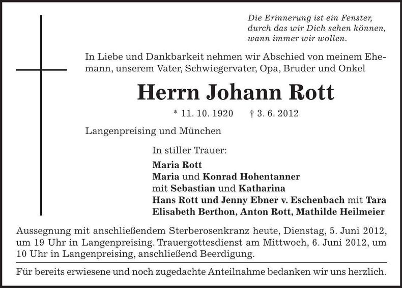 Traueranzeige Johann Rott