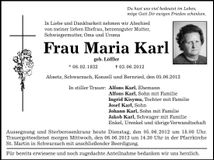 Traueranzeige Maria Karl