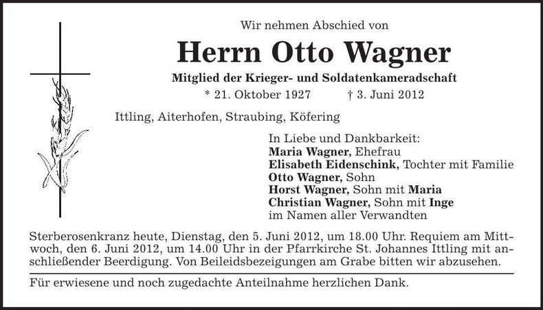 Traueranzeige Otto Wagner