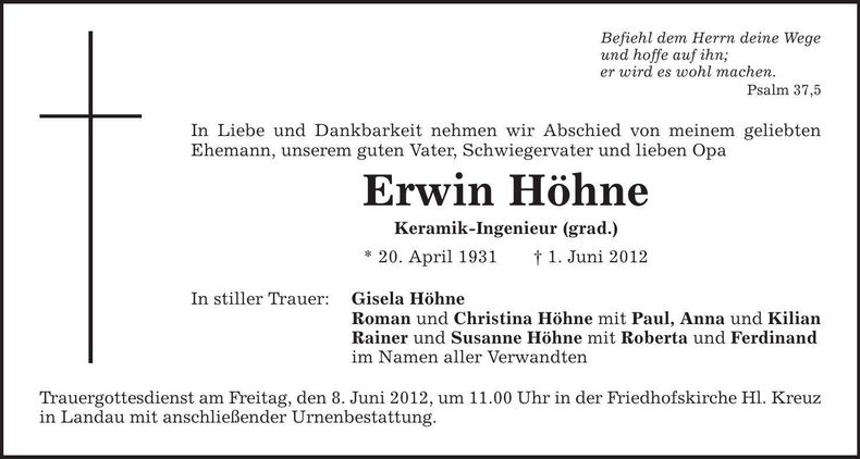 Traueranzeige Erwin Höhne