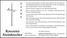 Traueranzeige Kreszenz Steinbrecher