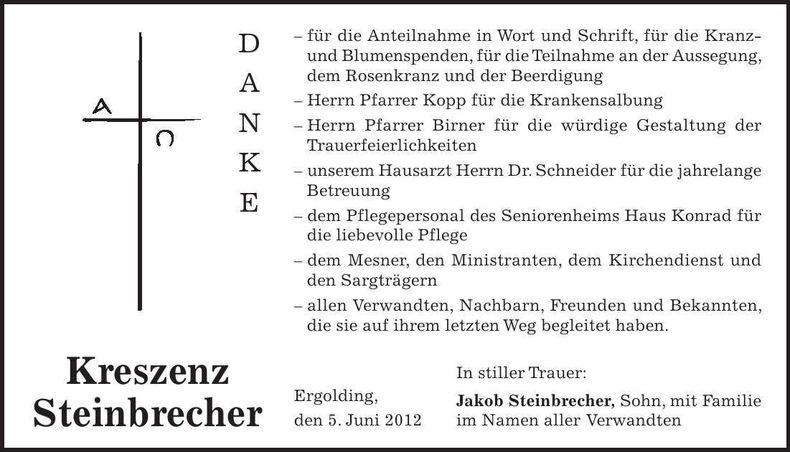 Traueranzeige Kreszenz Steinbrecher