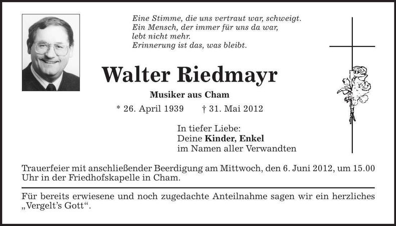 Traueranzeige Walter Riedmayr
